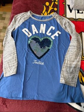 Justice Blue Raglan Dance Top with Reversible Sequin Heart size 18